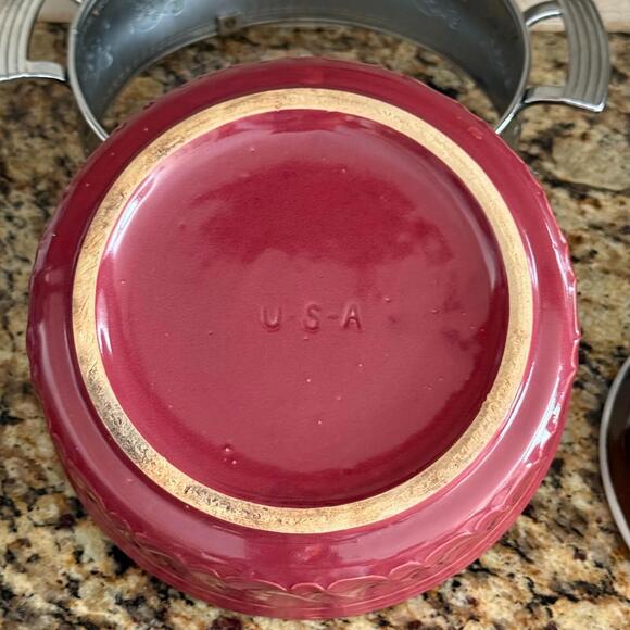 Red Round Ceramic Casserole Baking Dish w/Lid In Stainless Steel w/Handles USA - Picture 8 of 16